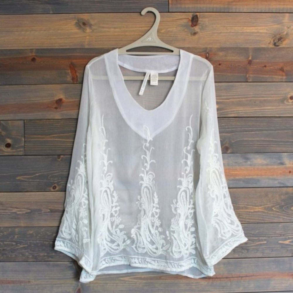 Forgotten Grace Embroidered Sheer Long-Sleeve Blouse NWOT